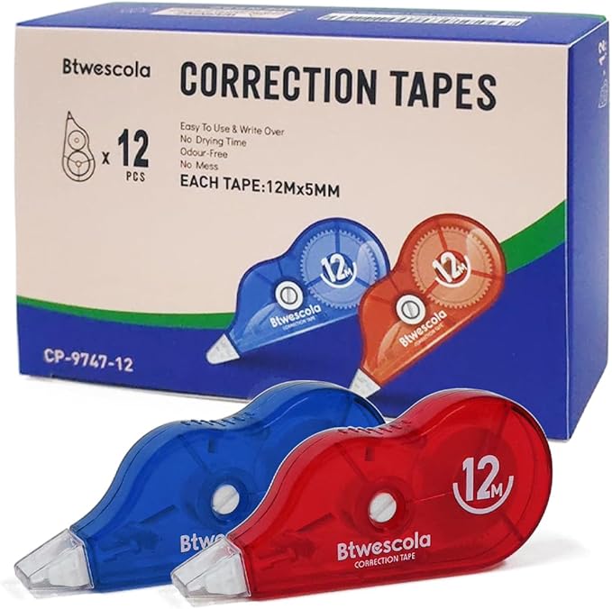 Correction Tape, 39.37FT Gift Packed Tear-Resistant Correction Tape, Tape for School, Office, With Roller Adjuster (9747-12pcs)