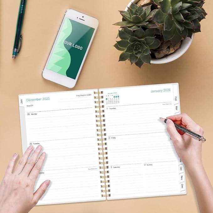 Planner 2026 - A5 Weekly & Monthly Planner Spiral Bound, January 2026 to December 2026, Planners 2026 with Flexible Cover, Tabs, Inner Pocket, 6.4" x 8.5", Teal Flowers