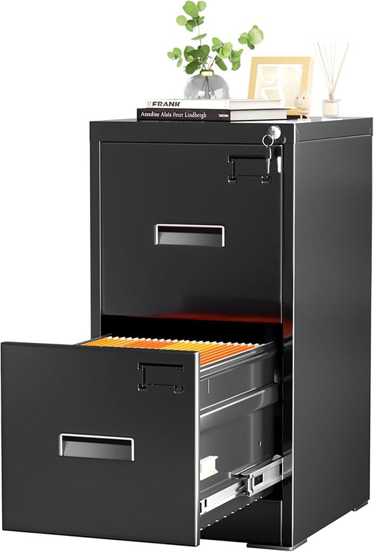 Crownland Lateral File Cabinet with 2 Drawers, 15" W Metal Lockable Office File Cabinets for Home Office- Stores Letter/Legal/A4/F4 Files(Black)