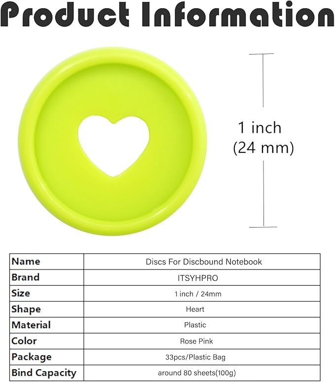 33pcs Planner Discs for Discbound Notebook Accessories 0.94 inch Binder Rings Heart Expansion Disc Binding Discs(33pcs Green 0.94 inch/24 mm)