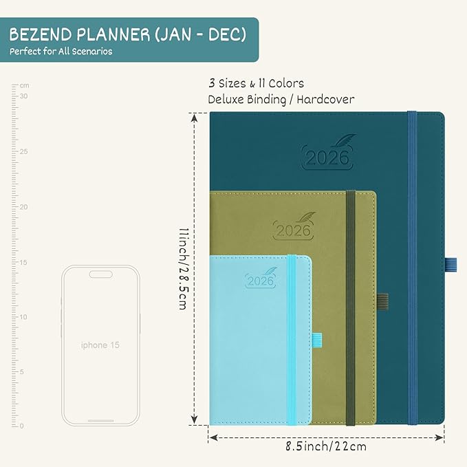 BEZEND 2026 Planner Weekly and Monthly (8.5" x 11") Daily Calendar with Half-Hourly Timeslots & Tab (Jan-Dec) Note & Expenses, Pen Holder, Inner Pocket, Vegan Leather Hardcover - Turquoise