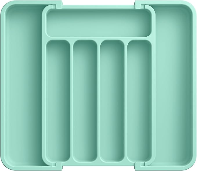 Aujen Silverware Organizer - Expandable Kitchen Drawer Organizer, Adjustable Utensil Organizer, Cutlery Tray for Forks, Knives, Multipurpose Kitchen Organizers and Storage Solution, Green, Medium