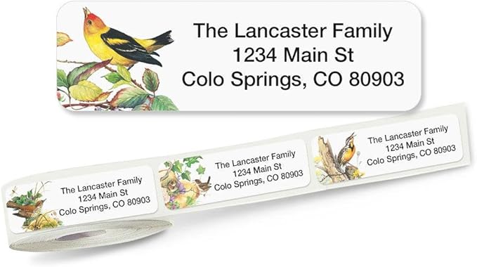 Meadow Birds Rolled Personalized Return Address Mailing Labels with Dispenser, Set of 500, 5 Designs, Small ¾ x 2½ Inch Size, Custom Self-Adhesive Sticker Roll, by Colorful Images