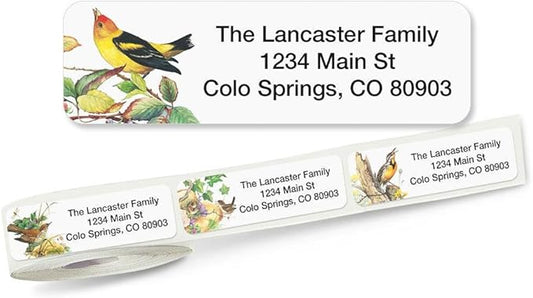 Meadow Birds Rolled Personalized Return Address Mailing Labels with Dispenser, Set of 250, 5 Designs, Small ¾ x 2½ Inch Size, Custom Self-Adhesive Sticker Roll, by Colorful Images