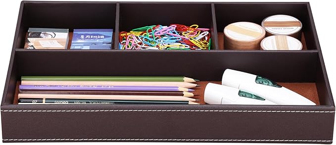 KINGFOM Pu Leather Desk Organizer Tray, 4 Compartment Office Storage Supplies Stationery Drawer Tray, Nightstand Bedside Tray for Key, Wallet, Watch, Coin, Phone Valet Tray Stackable