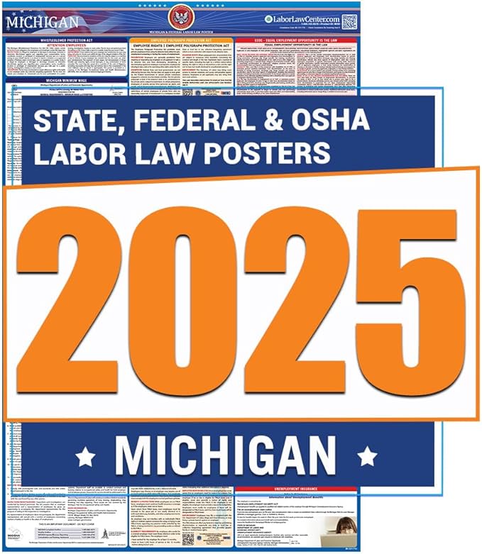 Latest 2025 Michigan Labor Law Poster- State, Federal, OSHA Compliant- Workplace Required Posting for Employees- English Employment Poster- UV Laminated Waterproof- 26" x 39.5”- English