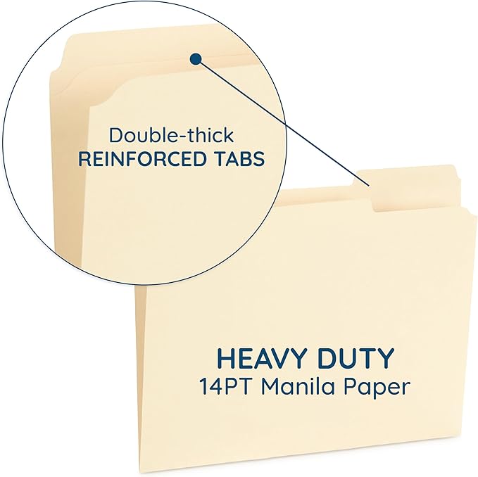 100 Blue Summit Supplies Heavy Duty File Folders Letter Size with 1/3 Cut Reinforced Tabs, Thick 14pt Manila Paper, Heavy Duty Manila Folders for Office, Home, or Classroom