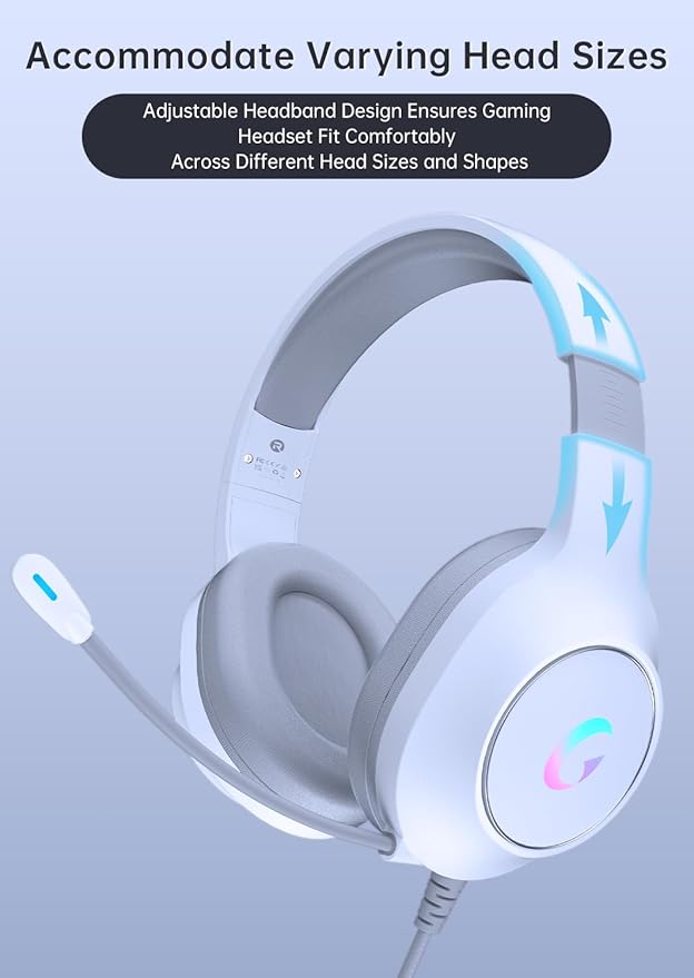 CM7002 Gaming Headset for PS5, PS4, PC, Mac, Switch, Xbox Series, Surround Sound RGB Gaming Headphones with Noise Canceling Microphone, 50MM Dynamic Drivers, 3.5MM Audio Jack, Light White