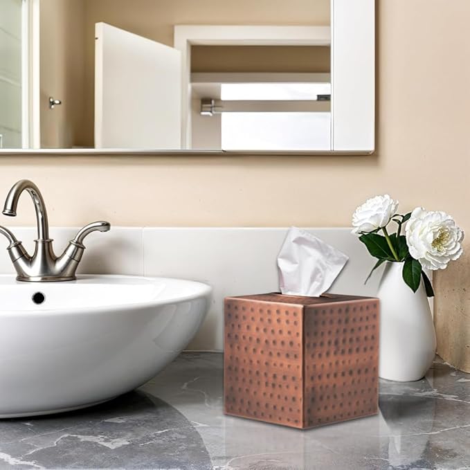 Monarch Abode Tissue Box Cover, Hand Hammered, Metal, Square Tissue Box Holder, Antique Copper Finish