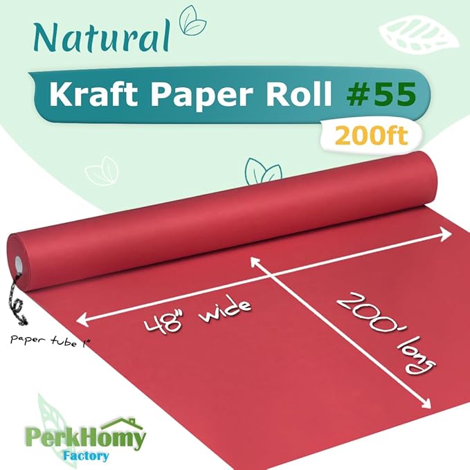 PerkHomy 48" x 2,400" (200') Red Kraft Paper Roll for Craft Bulletin Board Paper Art Table Covering Crafting Gift Wrapping Bouquet Packing Parcel 80GSM 55LB (Red, 48" x 200')