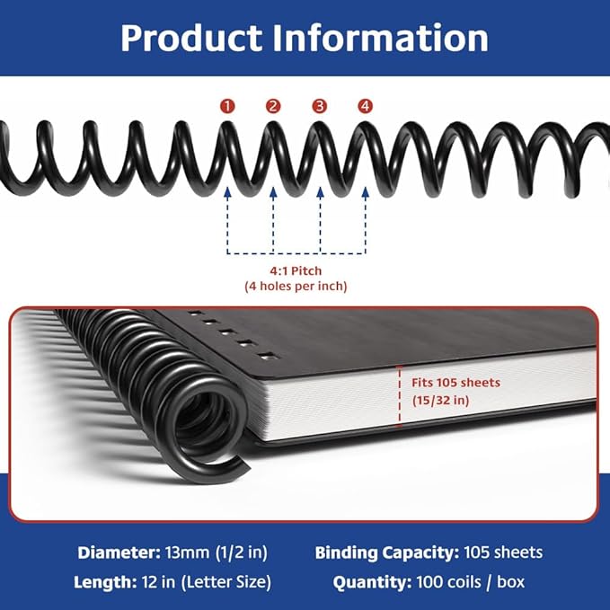 TruBind 13mm (1/2 in.) Spiral Binding Coils for Reports, Presentations and Proposals | 4:1 Pitch | 12 in. Length | Black | 105 Sheets Binding Capacity | 100 Pack