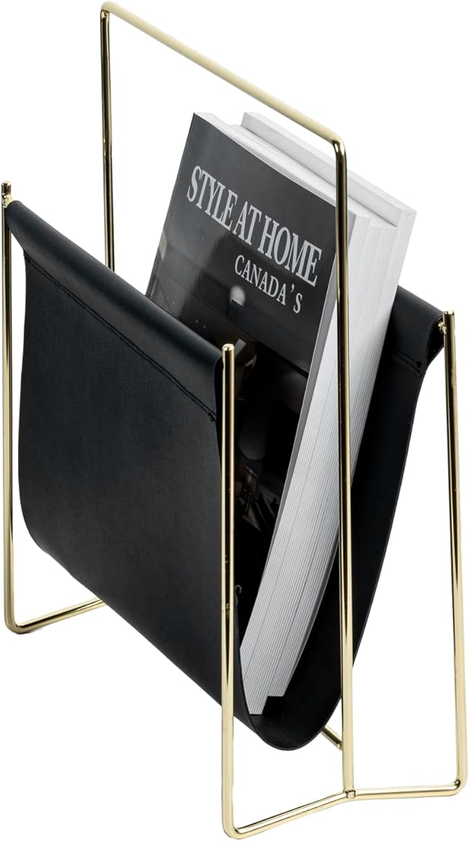 MyGift 13 Inch Modern Black Leatherette Magazine Holder Floor Standing Sling Style Rack with Gold Tone Metal Frame