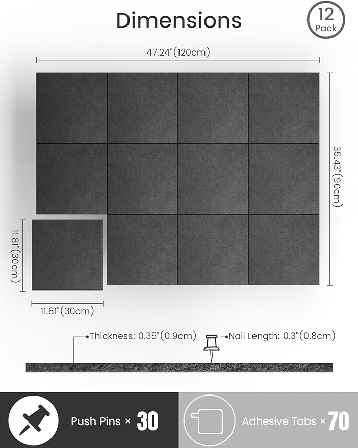Bumusty Large Cork Board 47"x35" Alternative - 12 Pack Felt Wall Tiles with 70 Safe Removable Adhesive Tabs, 30 Pushpins, Cork Boards for Walls Pin Board Bulletin Board Office Decor (Charcoal Gray)