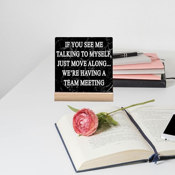 Funny Office Desk Decor Signs Cubicle Decorations for Women Work Desk Accessories Cute Office Cubicle Decor Fun Office Gifts for Men - If You See Me Talking to Myself We're Having a Team Meeting Sign