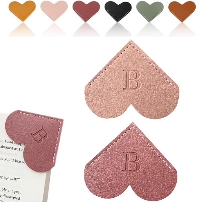 Personalized Leather Heart Bookmark, 26 Letters Customized Corner Book Mark for Reading Women, Book Marker with Initials，Cute Gifts (Light Pink+Deep Pink, B)