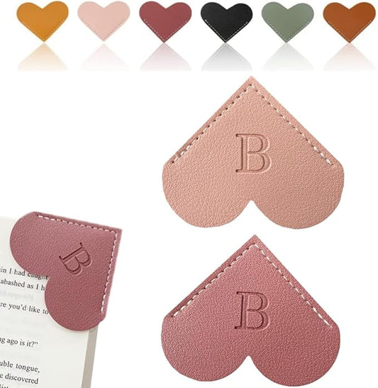 Personalized Leather Heart Bookmark, 26 Letters Customized Corner Book Mark for Reading Women, Book Marker with Initials，Cute Gifts (Light Pink+Deep Pink, B)