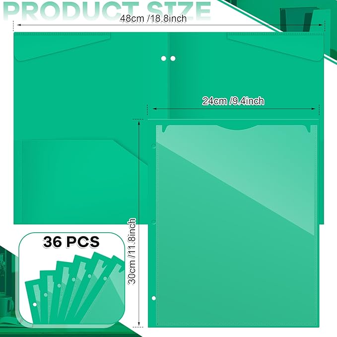 Henoyso 36 Pack Plastic Folders with 3 Holes and 2 Pockets, Green, File Folder