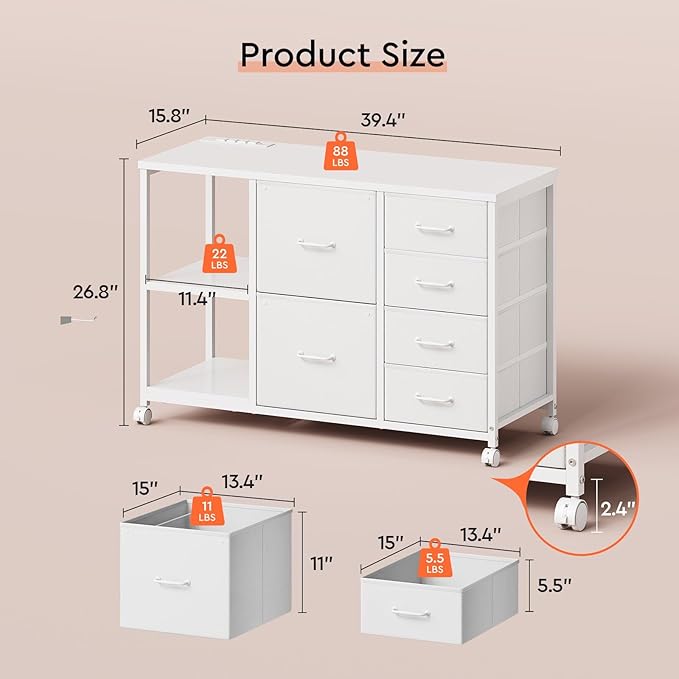 6 Drawer File Cabinet with Charging Station Rolling Printer Stand with Open Storage Shelf Fabric Lateral Filing Cabinet for Home Office,White