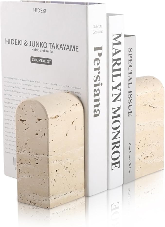 Koville Italian Travertine Bookends for Shelves, Decorative Book Ends, 7lbs Heavy-Duty Marble Book Holders, Bookshelf Apartment Decor for Normal Books/CD/Video Games(Travertino Romano)
