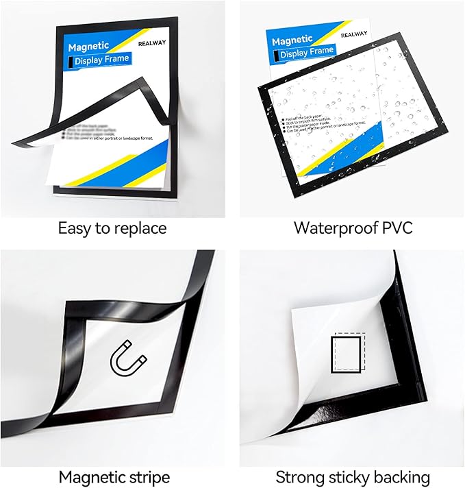 6 Pack Magnetic Sign Holder 8.5 x 11 - Refrigerator & Wall Adhesive Photo/Document Holders, Sign Holders for Door/Window, Durable Magnetic Picture Frames for Home/Office Use