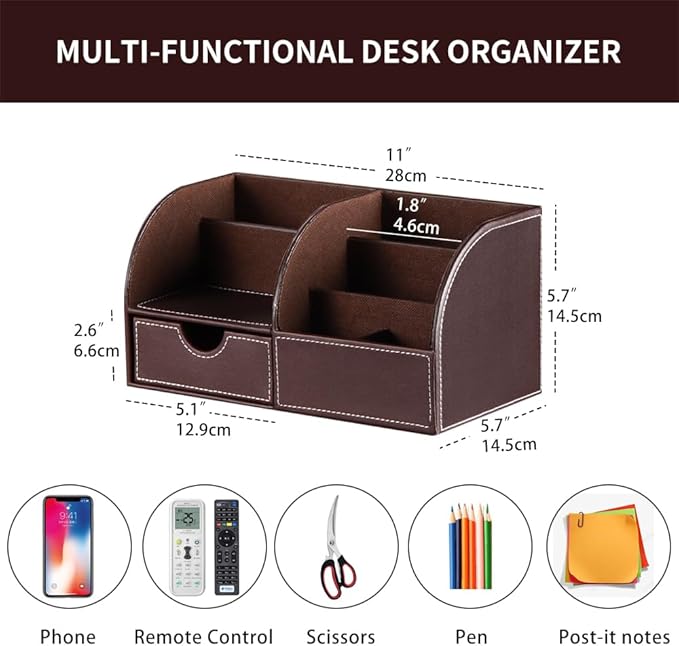 Desk Organizer, PU Leather Desktop Organizers and Accessories, Office Supplies Multi-Functional Caddy Storage with 6 Compartments and 1 Drawer, Workspace Organizer for Office Home School Classroom