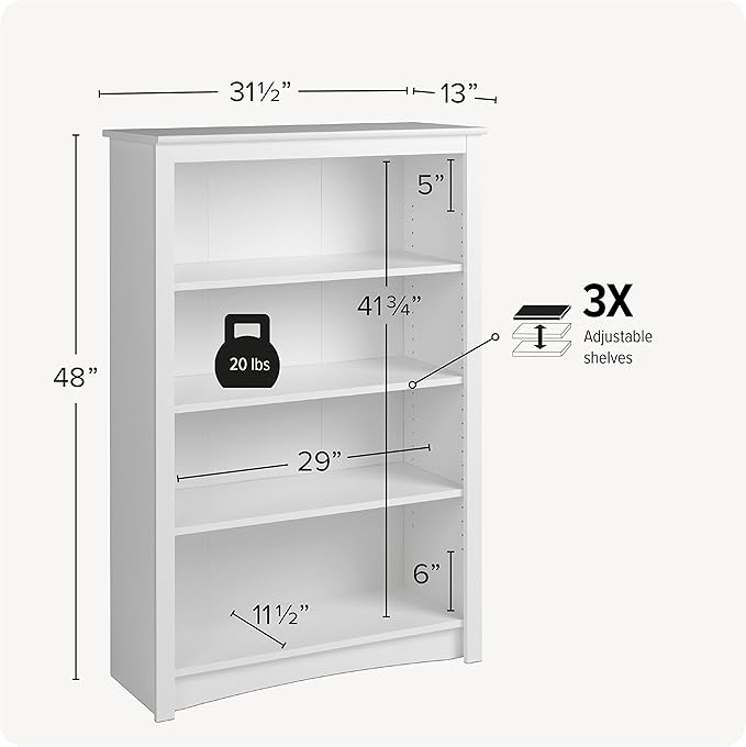 Prepac Sonoma 4-Tier Bookcase 48"H with 3 Adjustable Shelves, White Storage Cabinet, Modern Display Cabinet, Bookshelf with Storage Shelves for Home Office, Living Room, Bedroom Organizer