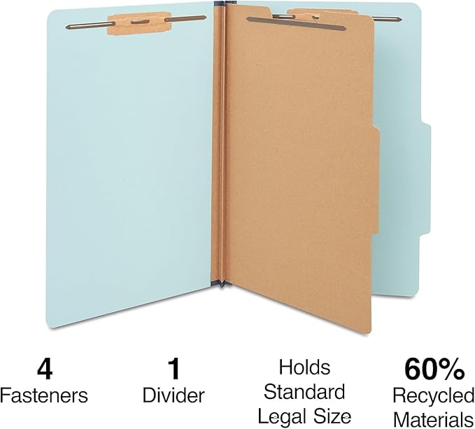 Staples Colored Pressboard Classification Folders, Legal, 1 Partition, Light Blue, 20/Pack