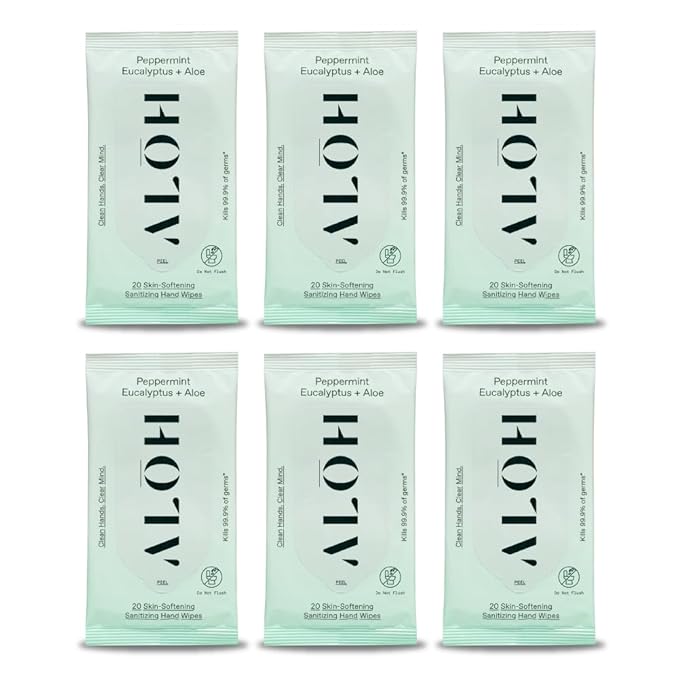 ALŌH Peppermint Eucalyptus Sanitizing Hand Wipes - Clean Hands, Clear Mind On The Go Sanitizer for Kids and Adults - Travel Size 6 packs of 20ct Wipes (120 Wipes)
