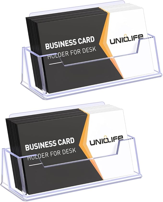 Uniclife 2 Pack Acrylic Business Card Holder for Desk 1 Slot Clear Business Card Display Stand for Men & Women Desktop Business Card Organizer Card Stand for Office Home Exhibition, 60 Card Capacity
