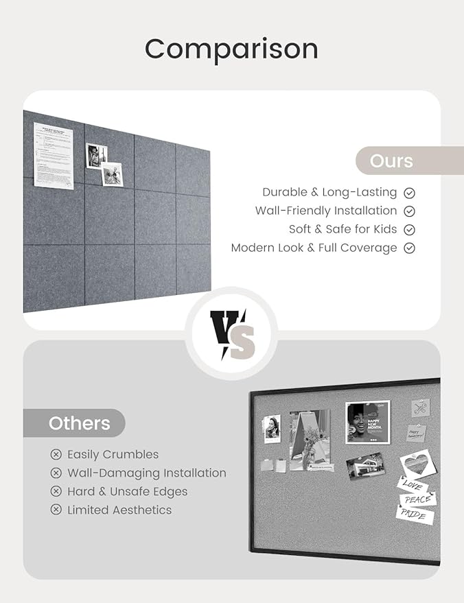 Bumusty Large Cork Board 47"x35" Alternative - 12 Pack Felt Wall Tiles with 70 Safe Removable Adhesive Tabs, 30 Pushpins, Cork Boards for Walls Pin Board Tack Board Cork Board (Silver Mink)