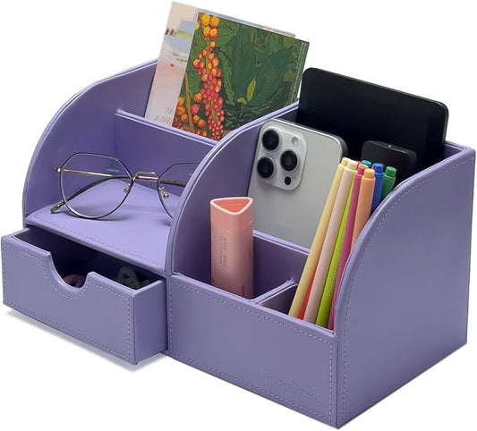 UnionBasic Desk Organizer - Multifunctional Leather Desktop Pen Holder Storage Box - Business Card/Pen/Pencil/Mobile Phone/Stationery Holder, Purple
