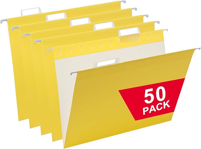 50 Packs Hanging File Folders,Yellow Letter Size File Folder,Designed for Bulky Files,Filing Cabinet,1/5 Adjustable Tabs for Office,School,Home