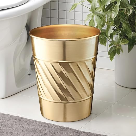 Monarch Abode Brushed Gold Handcrafted Wave Embossed Metal Wastebasket for Home Office, Decorative Waste Basket, Modern Bathroom Garbage Can, Durable & Decorative Trash Bin, Brushed Gold Trash Can