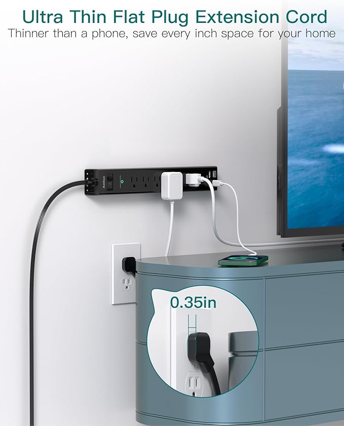 15Ft Extension Cord - Addtam Long Cord Power Strip with 6 AC Outlets and 4 USB Ports(2USB C), Wall Mount with Surge Protection, Multi Plug Outlets for Home Office College Dorm Room Essentials