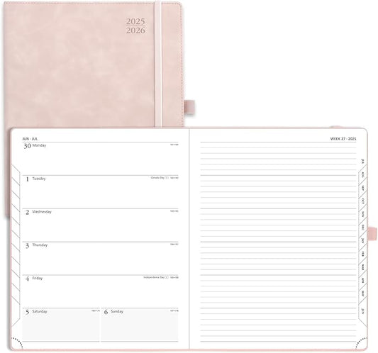 POPRUN Planner 2025-2026 Weekly Notebook (Large 8.5''x 10.5'') Academic Calendar (JUL.25 - JUN.26) Appointment Book with Monthly Tabs, Leather Soft Cover, Inner Pocket, 100 GSM - Pink