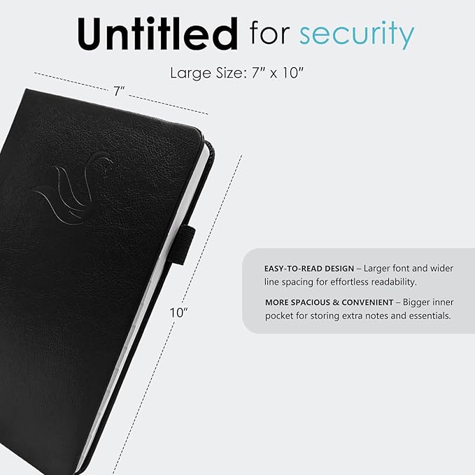 Elegant Password Book with Alphabetical Tabs - Hardcover Password Book for Internet Website Address Login - 7" x 10" Password Keeper and Organizer w/Notes Section & Back Pocket (Black)