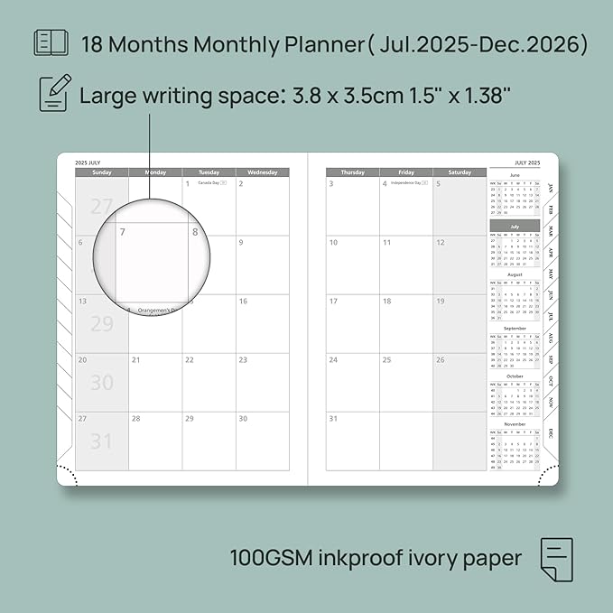 POPRUN Monthly Planner 2025-2026 (Medium- 6.5'' x 8.5'' Soft Cover), 18-Month Calendar Book (Jul.2025-Dec.2026), Calendar Planner with Monthly Tabs & Pocket, 100 GSM Paper - Brown