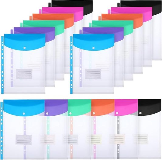 18 Pcs Binder Pocket Organizer Folders, Expandable Folders Plastic Envelopes Binder Folders with 11 Holes for 2/3/4 Ring Binder, Document Pouch with Snap Button and Label for School Office Home