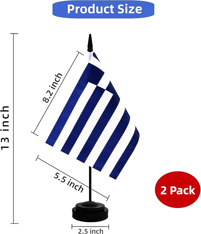 2 Pack Greece Desk Flag, Greek Table Office Flag with Solid Pole and Stand Base, International Country Flag, Festival Celebration, Classroom Meeting Desktop Decoration (Greece)