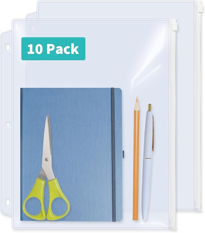 Binditek 10 Pack Plastic Zippered Binder Pockets, 3-Hole Punched for 3 Ring Binder, Clear PVC with White Zippers, Waterproof Loose Leaf Bag Pouch for Document Filing and Storage