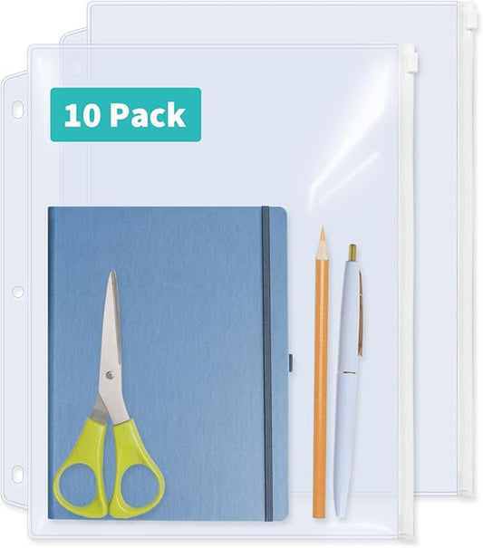 Binditek 10 Pack Plastic Zippered Binder Pockets, 3-Hole Punched for 3 Ring Binder, Clear PVC with White Zippers, Waterproof Loose Leaf Bag Pouch for Document Filing and Storage