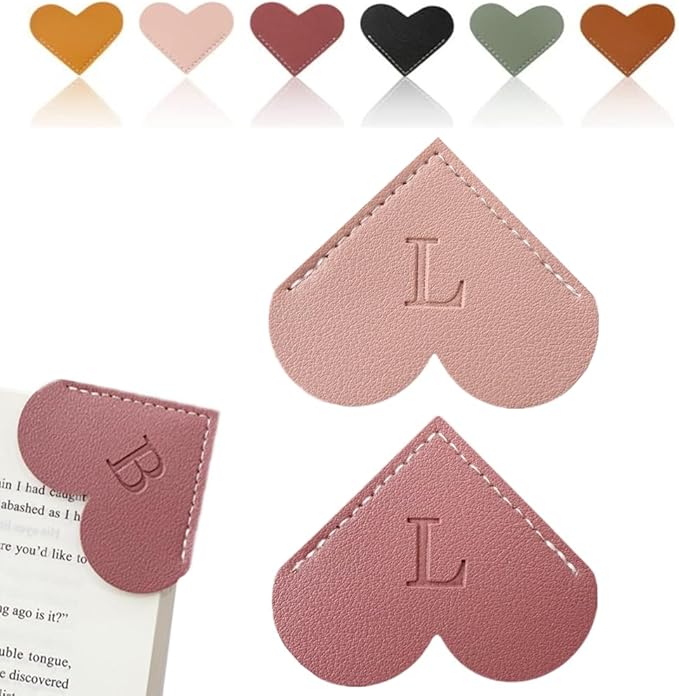 Personalized Leather Heart Bookmark, 26 Letters Customized Corner Book Mark for Reading Women, Book Marker with Initials，Cute Gifts (Light Pink+Deep Pink, L)