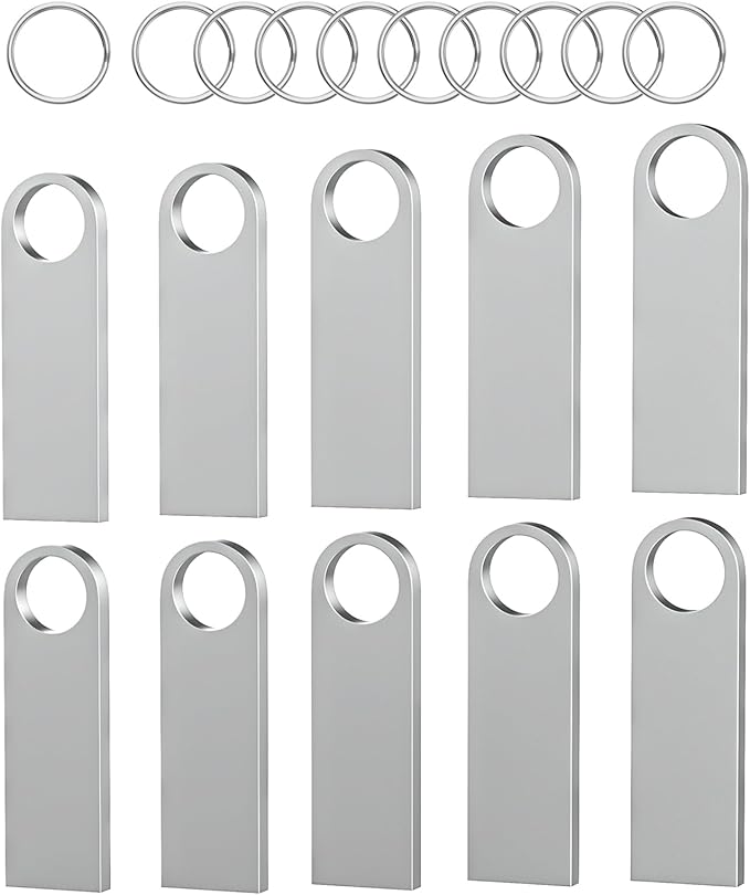 ABLAZE 128MB Flash Drive 10 Pack, Metal USB 2.0 Thumb Drives with Keychains USB Sticks Pendrives (Sliver)