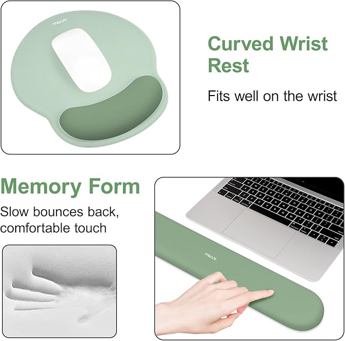 MOSISO Wrist Rest for Keyboard Mouse Pad Set, Large Gaming Deskpad&Circle Curved Mousepad&Keyboard Wrist Rest&Coaster, Ergonomic Non-Slip Mousepad&Easy Typing Pad with Curved Memory Foam, Green
