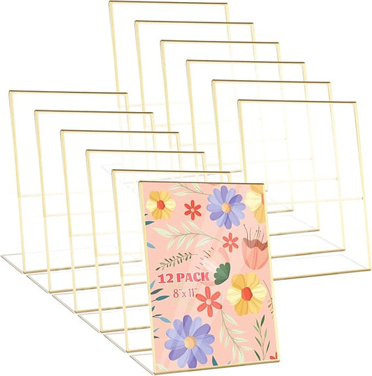 12 Pack Acrylic Sign Holder 8.5 x 11 Gold Vertical Plastic Sign Holder 8.5 x 11 Standing Clear Flyer Display Holder Menu Picture Paper Display Stand for Hotel, Office, Restaurant