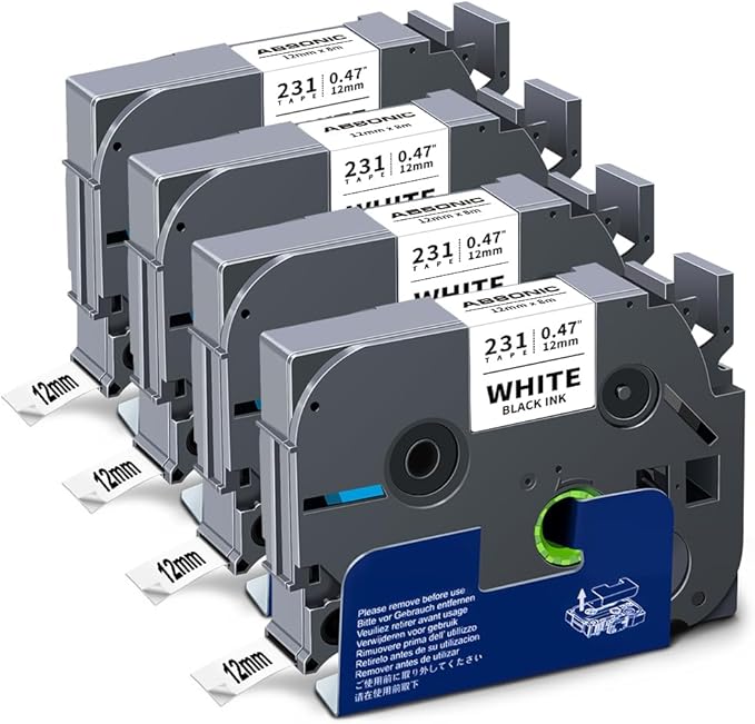 Tze 12mm 0.47" Laminated White Tz Tape Tz-231 Compatible for Brother Tze-231 Ptouch 1/2 Label Tape Tz231 for P Touch PTH100 PTD220 PTH111 PTD210 PT1290 PTD400 PTD600 PTD410 Label Maker, 4 Pack