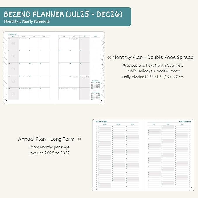 BEZEND 2026 Planner Weekly and Monthly (6" x 8.5") Daily Calendar Book with Tabs (Jul 25-Dec 26) Vertical Hourly Timeslots, Storage Pocket, Pen Holder, PU Leather Hardcover - Black