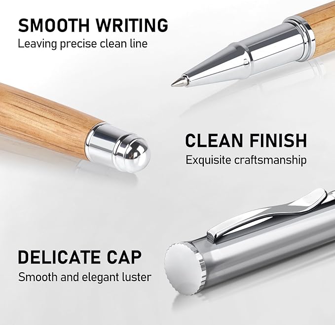 WEMATE Luxury Rollerball Pen Set, Extra 2 Ink Refills(1 Black & 1 Blue), Fancy Writing Pen Nice Office Gift for Men, Professional, Executive, Cool Wooden Pen for Journaling - Oak