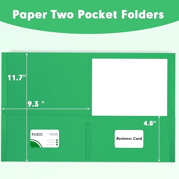Two Pocket Folders, RAZCC 50 Pack 2 Pocket Folders Fit Letter Size Paper, Paper Folders with Pockets for School Office Business Home, Green