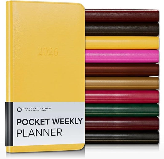 Gallery Leather Pocket Weekly Monthly Planner 2025-2026, Elegantly Bound Calendar Planner and Notebook with Stylish Gold-Gilded Page Edges, 12 Months - Caribbean Yellow - 6 x 3.25 "